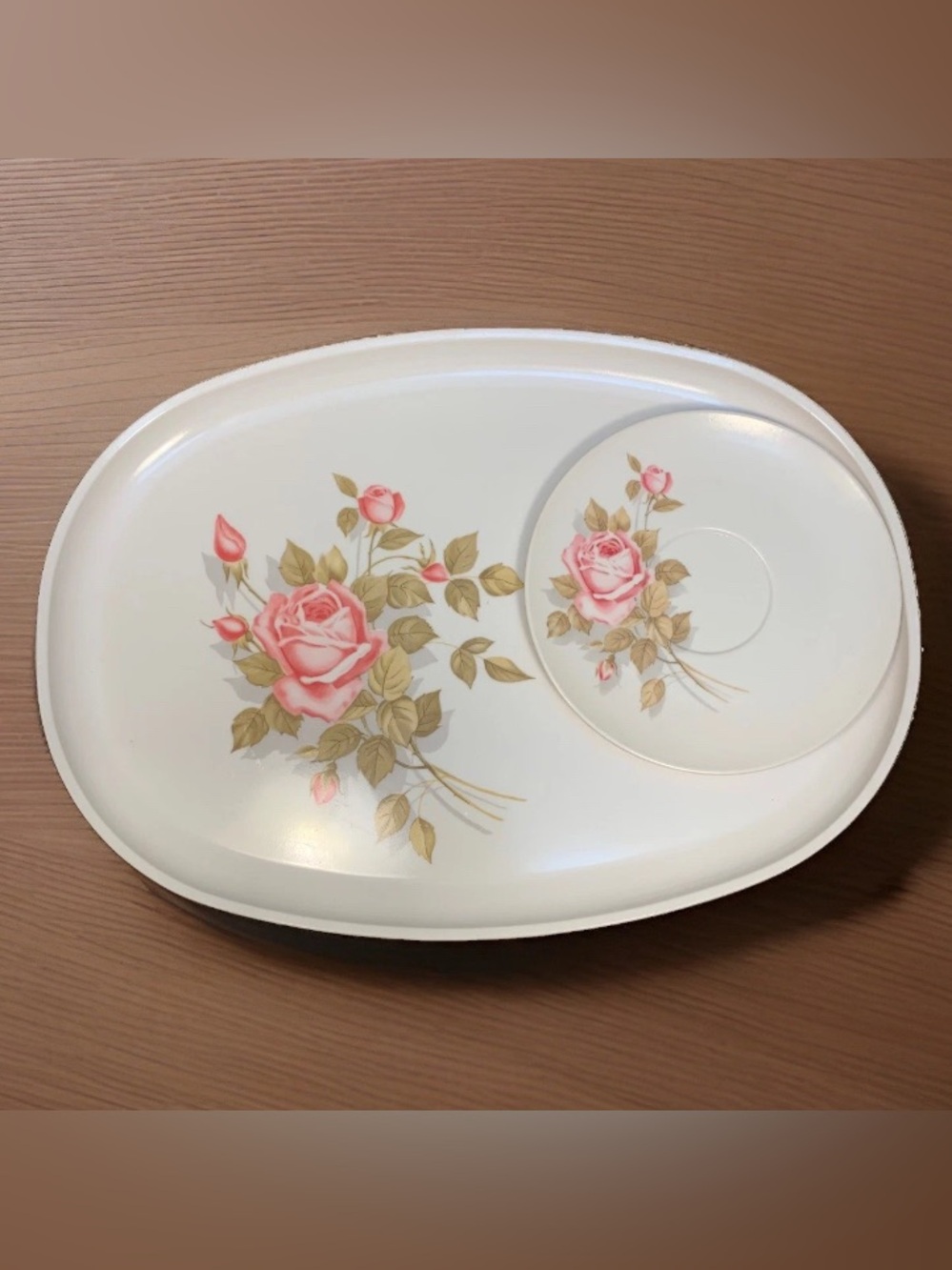 Vintage Melmac Boonton White Pink Roses 14”x10” Serving Platter and 6” Saucer
